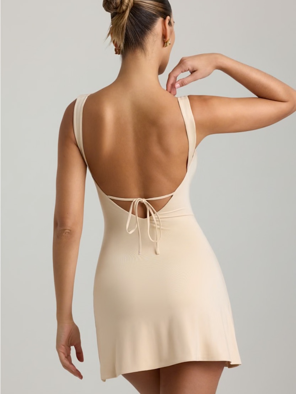 OH POLLY Emersyn Slinky Jersey Ruched V-Back Mini Dress in Buttercream - Picture 2 of 9